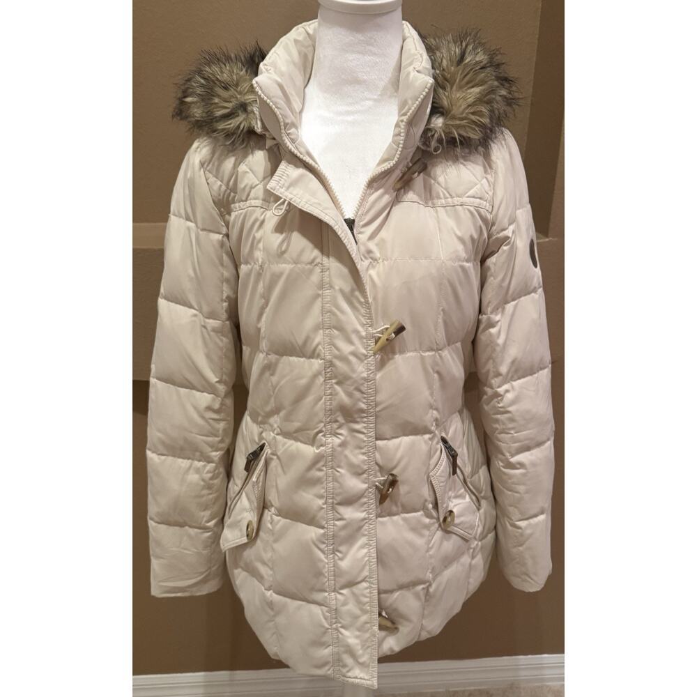 Lauren Ralph Lauren Down Puffer Coat Women’s Ivory Faux Fur Hood Toggle Zip S